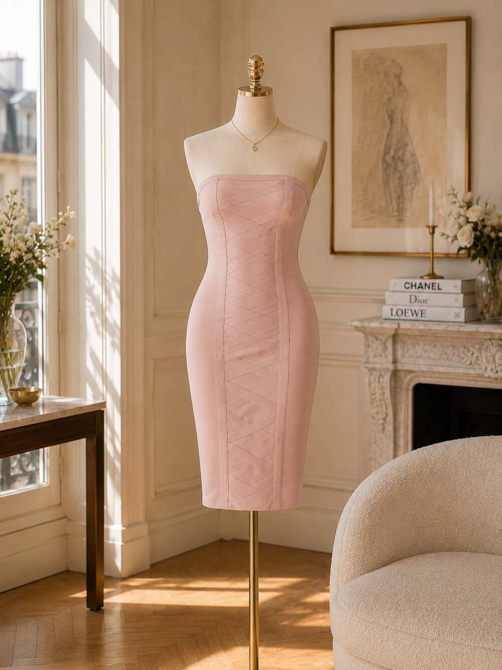 Tata Jolie Blush Pink Bandage Midi Dress‎ Quiet Luxury Old Money M NWT